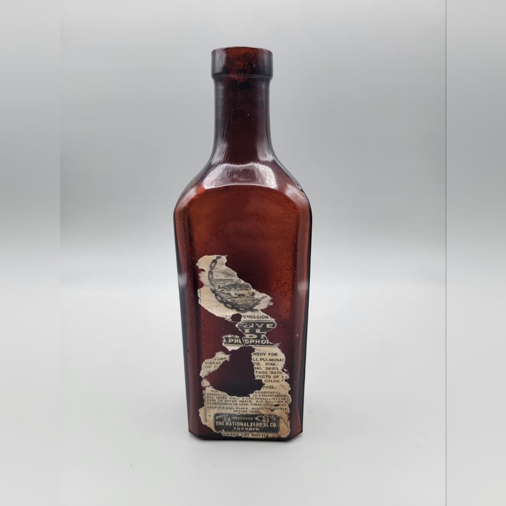 Antique Ferrol Cod Liver Oil Bottle, National Ferrol Co Toronto, Amber Glass